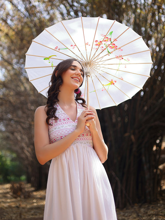 Stylum Women's White Solid & Embroidered Italian Crepe Flared Dress (DRSWHITEARYA)