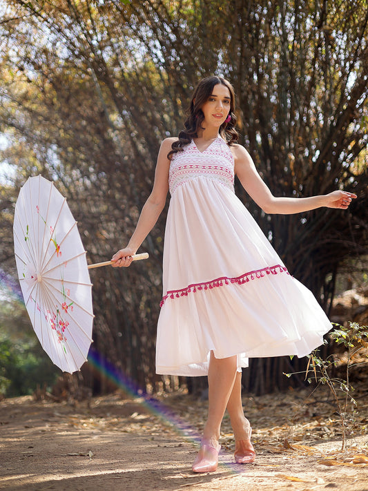 Stylum Women's White Solid & Embroidered Italian Crepe Flared Dress (DRSWHITEARYA)