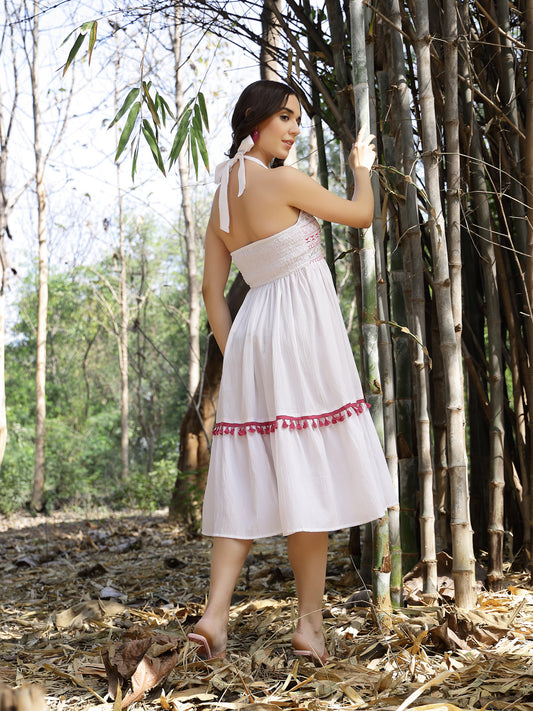 Stylum Women's White Solid & Embroidered Italian Crepe Flared Dress (DRSWHITEARYA)