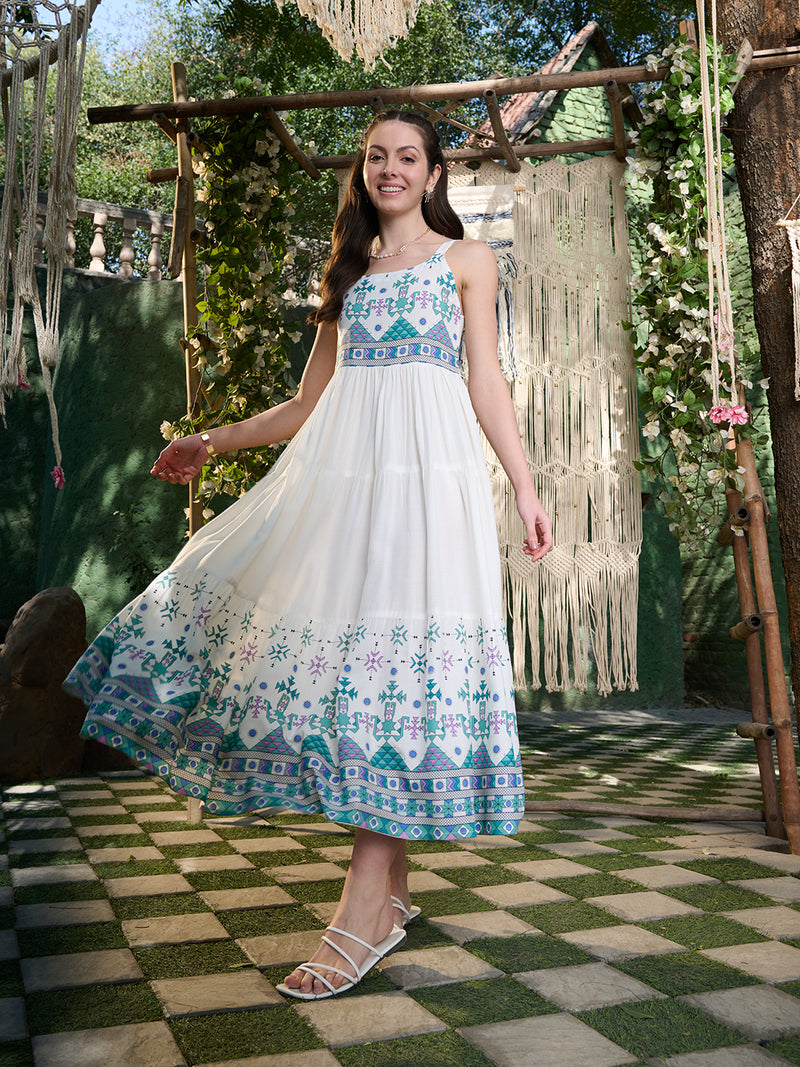 Stylum Women's White Ikat Printed Rayon Tiered Dress (DRSWHITEBLISS)