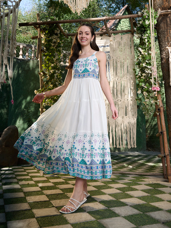 Stylum Women's White Ikat Printed Rayon Tiered Dress (DRSWHITEBLISS)