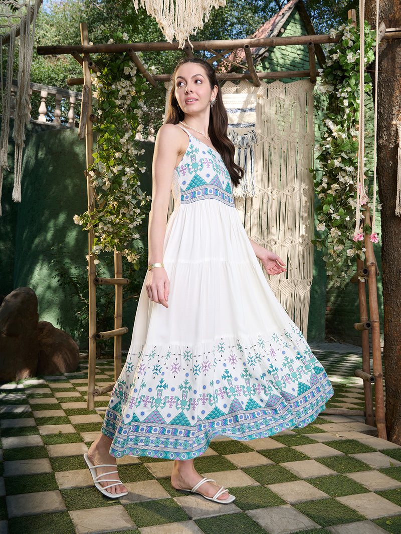 Stylum Women's White Ikat Printed Rayon Tiered Dress (DRSWHITEBLISS)