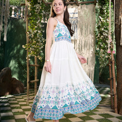 Stylum Women's White Ikat Printed Rayon Tiered Dress (DRSWHITEBLISS)