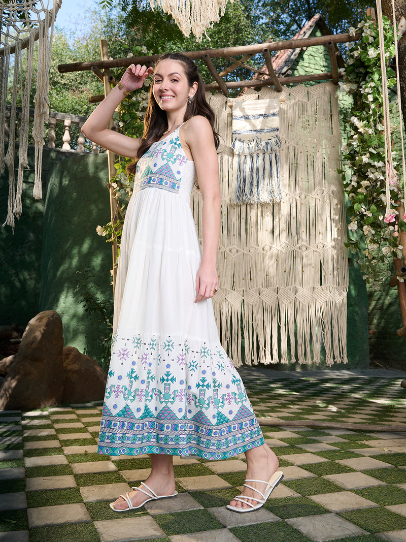 Stylum Women's White Ikat Printed Rayon Tiered Dress (DRSWHITEBLISS)