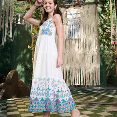 Stylum Women's White Ikat Printed Rayon Tiered Dress (DRSWHITEBLISS)
