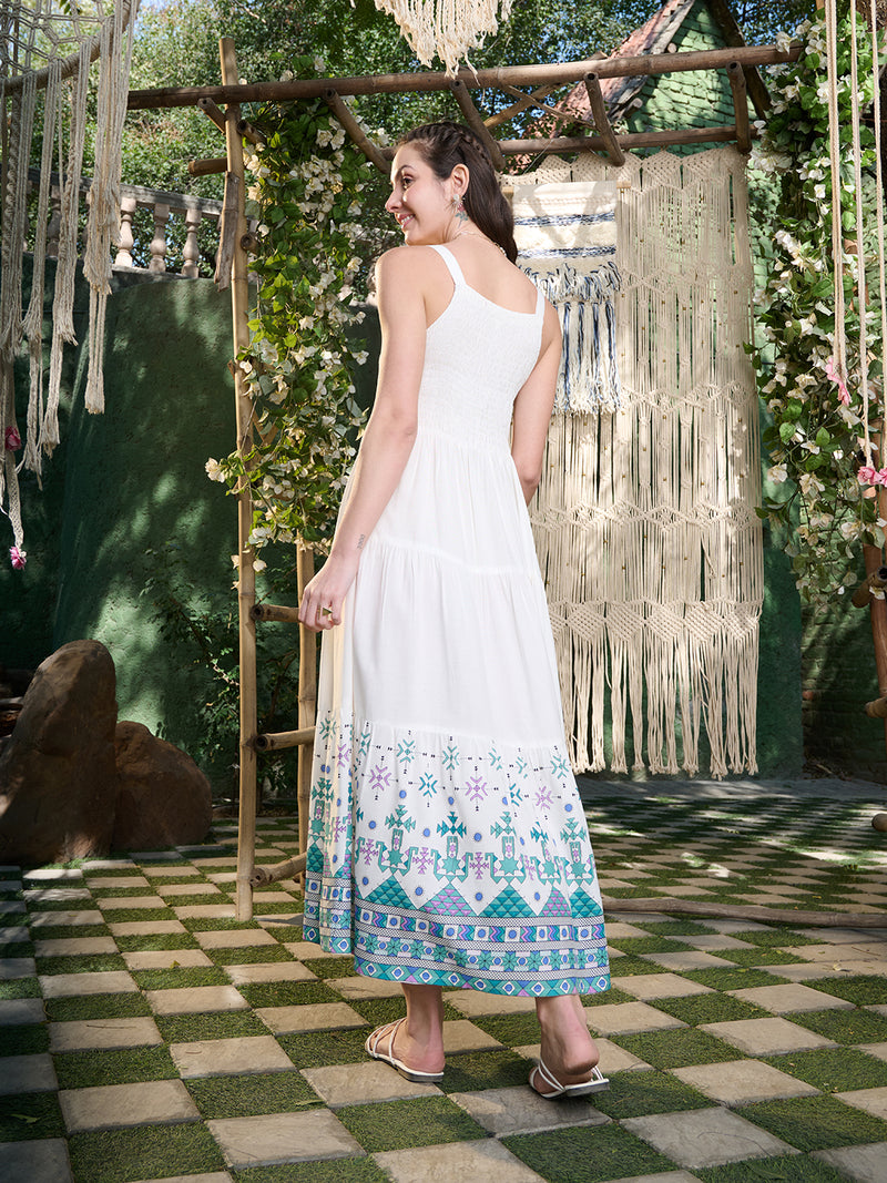 Stylum Women's White Ikat Printed Rayon Tiered Dress (DRSWHITEBLISS)