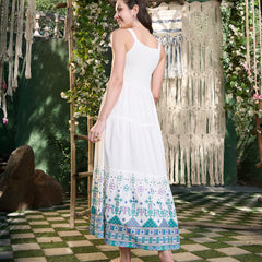 Stylum Women's White Ikat Printed Rayon Tiered Dress (DRSWHITEBLISS)