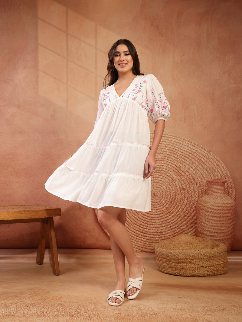 Stylum Women's White Solid & Embroidered Rayon Tiered Dress (DRSWHITENINA)