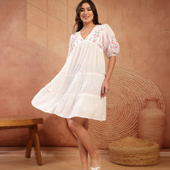 Stylum Women's White Solid & Embroidered Rayon Tiered Dress (DRSWHITENINA)