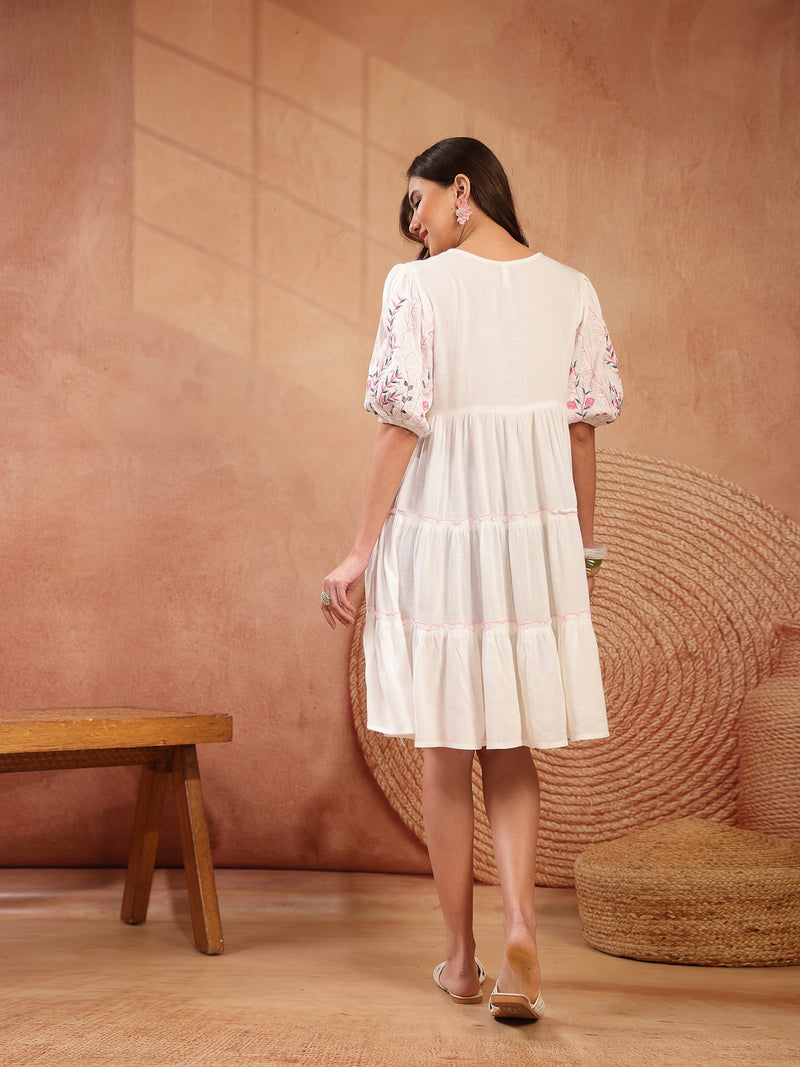 Stylum Women's White Solid & Embroidered Rayon Tiered Dress (DRSWHITENINA)
