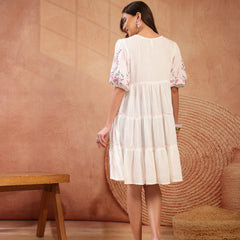 Stylum Women's White Solid & Embroidered Rayon Tiered Dress (DRSWHITENINA)