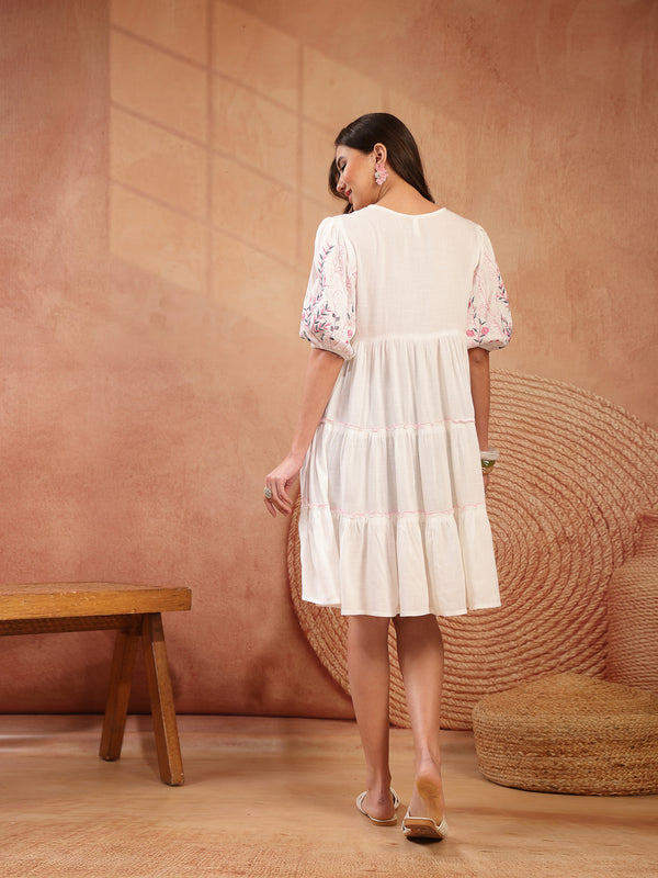Stylum Women's White Solid & Embroidered Rayon Tiered Dress (DRSWHITENINA)
