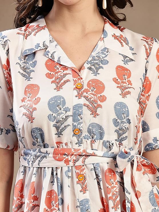 Stylum Women's White Floral Printed Cotton Blend Tiered Dress (DRSWHITEPASTA)