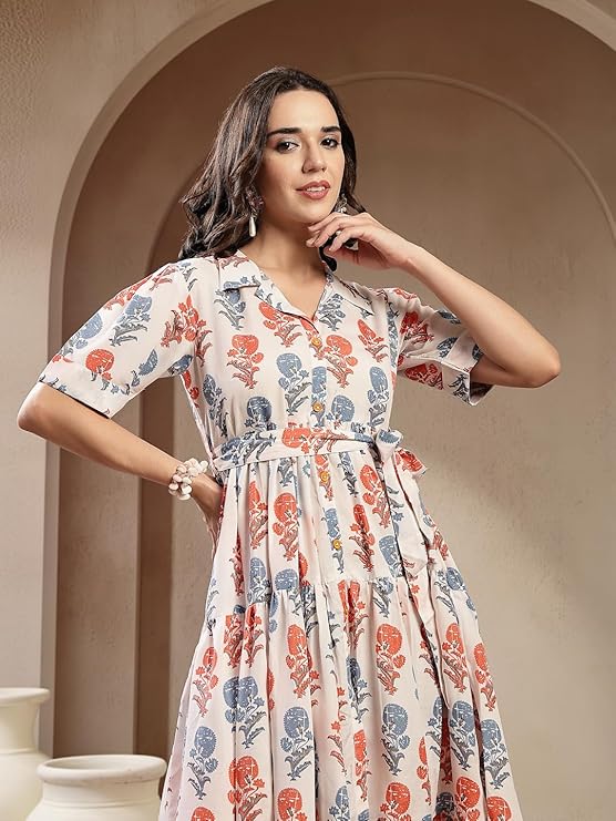 Stylum Women's White Floral Printed Cotton Blend Tiered Dress (DRSWHITEPASTA)