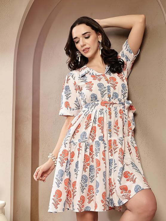 Stylum Women's White Floral Printed Cotton Blend Tiered Dress (DRSWHITEPASTA)