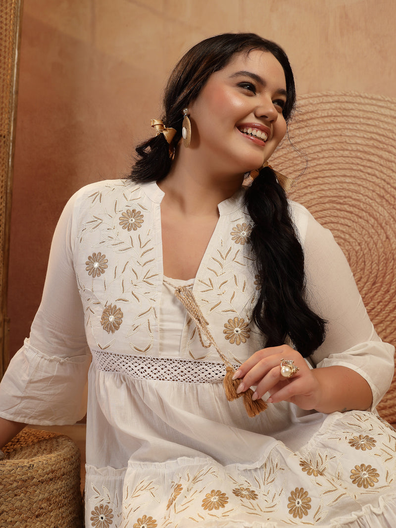 Stylum Women's Plus Size White Solid & Embroidered Cotton Tiered Dress (DRSWHITESHIBAPLUS)