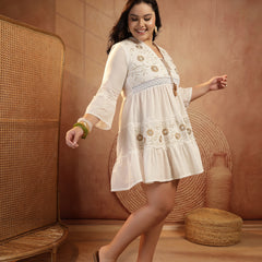 Stylum Women's Plus Size White Solid & Embroidered Cotton Tiered Dress (DRSWHITESHIBAPLUS)