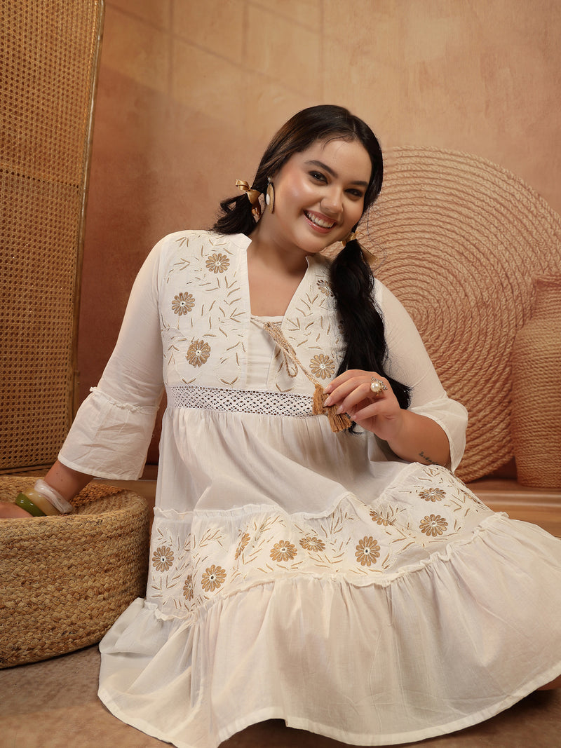 Stylum Women's Plus Size White Solid & Embroidered Cotton Tiered Dress (DRSWHITESHIBAPLUS)