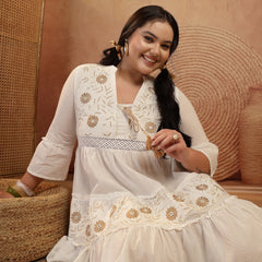 Stylum Women's Plus Size White Solid & Embroidered Cotton Tiered Dress (DRSWHITESHIBAPLUS)