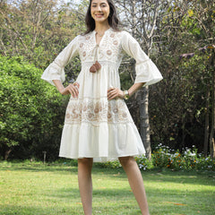 Stylum Women's White Solid & Embroidered Cotton Tiered Dress (DRSWHITESHIBA)