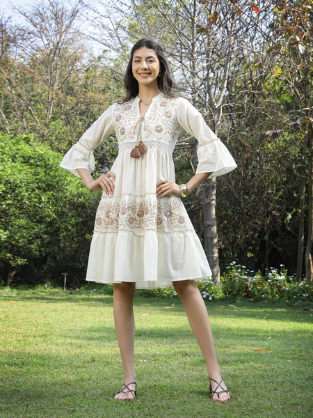 Stylum Women's White Solid & Embroidered Cotton Tiered Dress (DRSWHITESHIBA)