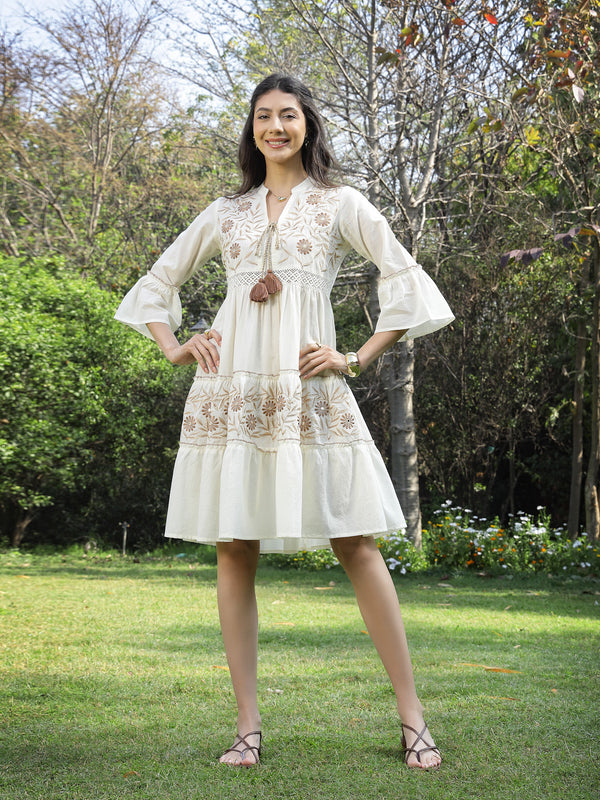 Stylum Women's White Solid & Embroidered Cotton Tiered Dress (DRSWHITESHIBA)