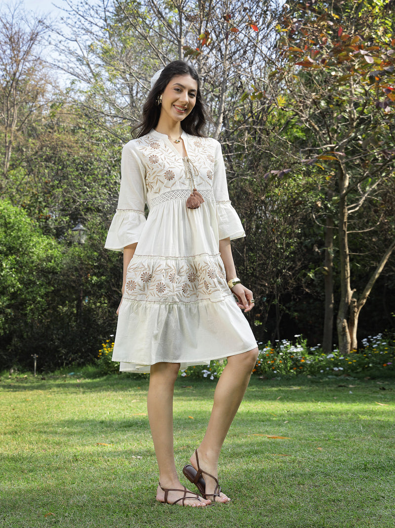 Stylum Women's White Solid & Embroidered Cotton Tiered Dress (DRSWHITESHIBA)