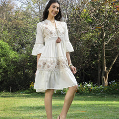 Stylum Women's White Solid & Embroidered Cotton Tiered Dress (DRSWHITESHIBA)