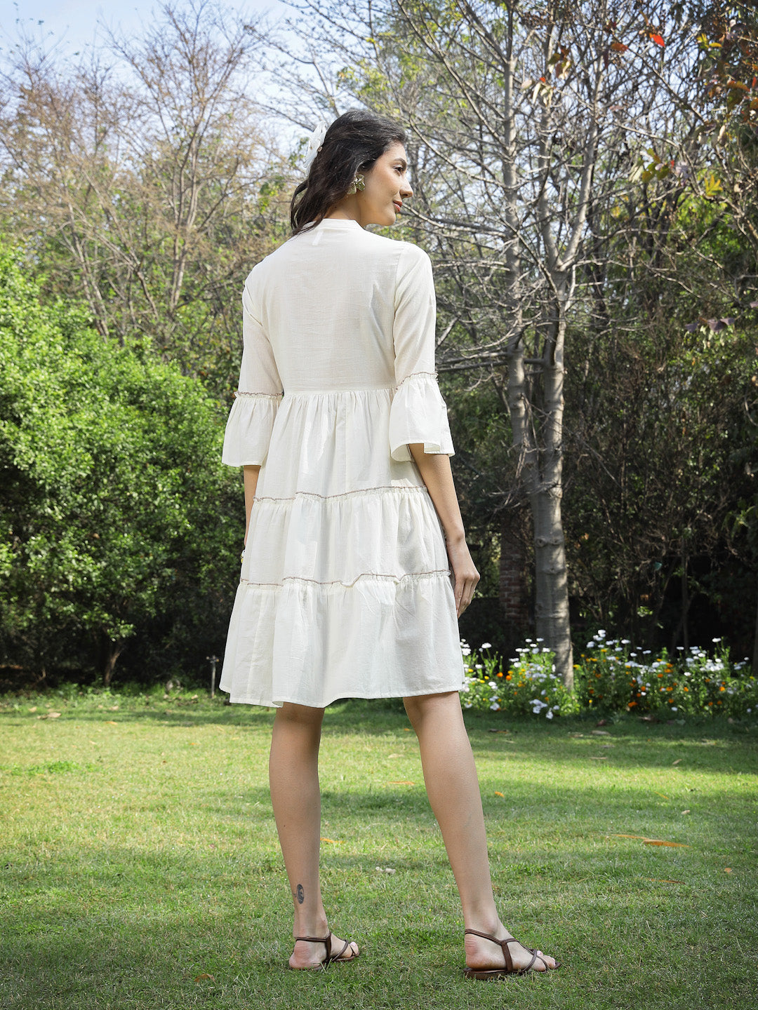 Stylum Women's White Solid Embroidered Cotton Tiered Dress (DRSWHITESHIBA)