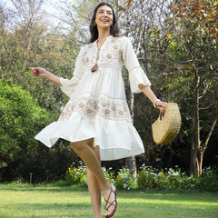 Stylum Women's White Solid & Embroidered Cotton Tiered Dress (DRSWHITESHIBA)