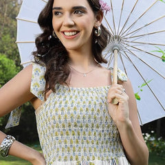 Stylum Women's White Ethnic Buta Printed Cotton Flared Dress (DRSWHITESIMRA)