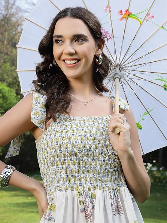 Stylum Women's White Ethnic Buta Printed Cotton Flared Dress (DRSWHITESIMRA)