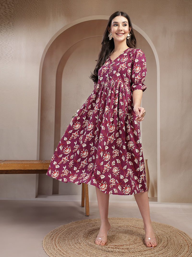 Stylum Women's Wine Floral Printed Cotton Flared Dress (DRSWINEBUBBLE)