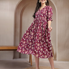 Stylum Women's Wine Floral Printed Cotton Flared Dress (DRSWINEBUBBLE)
