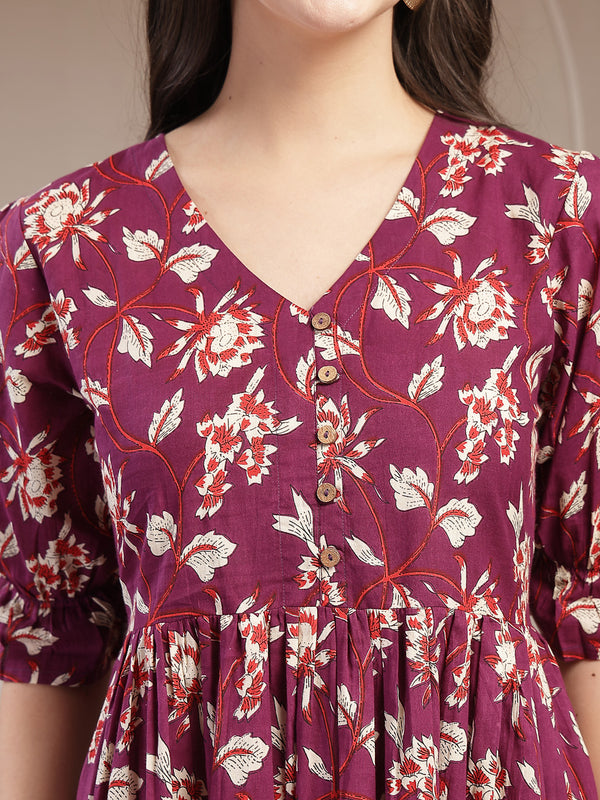 Stylum Women's Wine Floral Printed Cotton Flared Dress (DRSWINEBUBBLE)