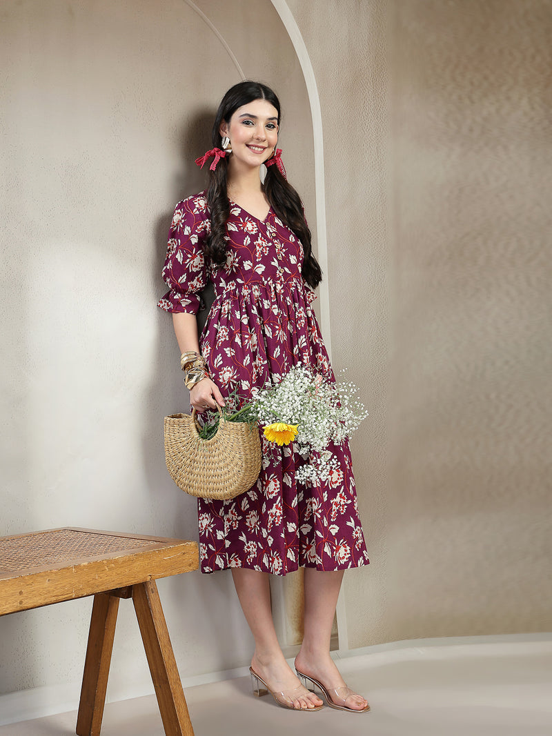 Stylum Women's Wine Floral Printed Cotton Flared Dress (DRSWINEBUBBLE)