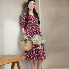 Stylum Women's Wine Floral Printed Cotton Flared Dress (DRSWINEBUBBLE)