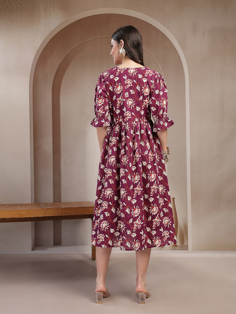Stylum Women's Wine Floral Printed Cotton Flared Dress (DRSWINEBUBBLE)