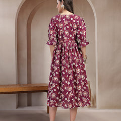 Stylum Women's Wine Floral Printed Cotton Flared Dress (DRSWINEBUBBLE)