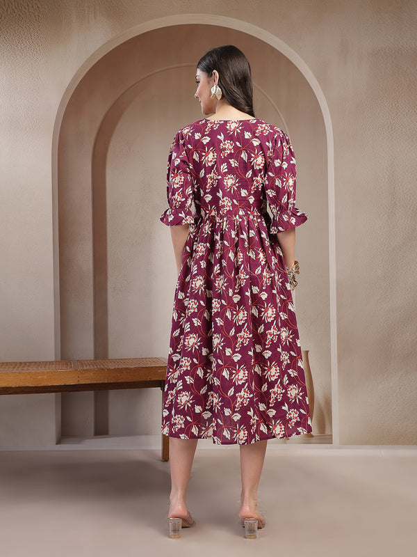 Stylum Women's Wine Floral Printed Cotton Flared Dress (DRSWINEBUBBLE)