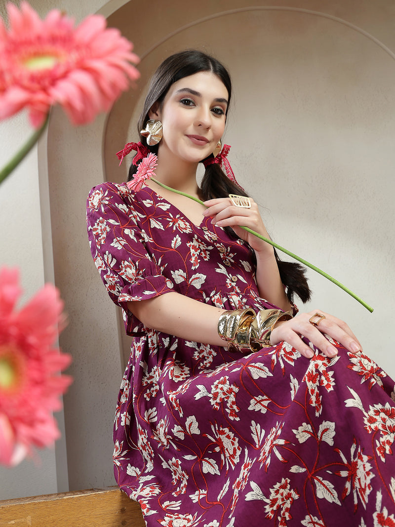 Stylum Women's Wine Floral Printed Cotton Flared Dress (DRSWINEBUBBLE)