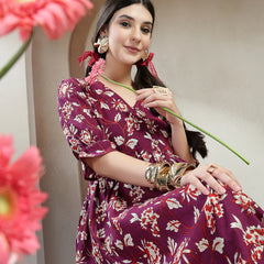 Stylum Women's Wine Floral Printed Cotton Flared Dress (DRSWINEBUBBLE)