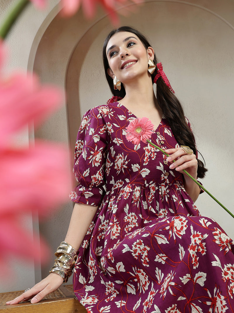 Stylum Women's Wine Floral Printed Cotton Flared Dress (DRSWINEBUBBLE)