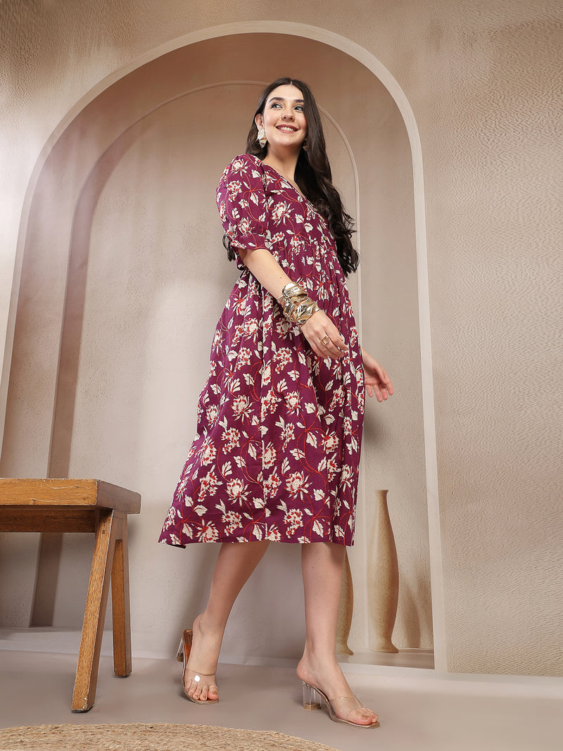 Stylum Women's Wine Floral Printed Cotton Flared Dress (DRSWINEBUBBLE)