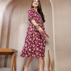 Stylum Women's Wine Floral Printed Cotton Flared Dress (DRSWINEBUBBLE)