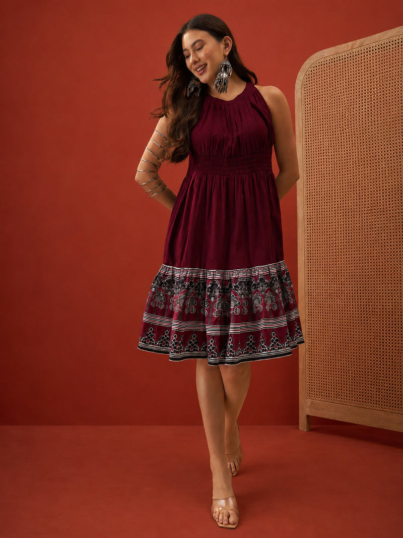 Stylum Women's Wine Solid Cotton A-Line Dress (DRSWINEDORA)
