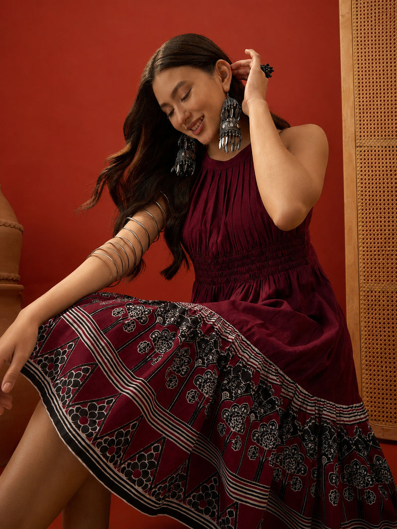 Stylum Women's Wine Solid Cotton A-Line Dress (DRSWINEDORA)