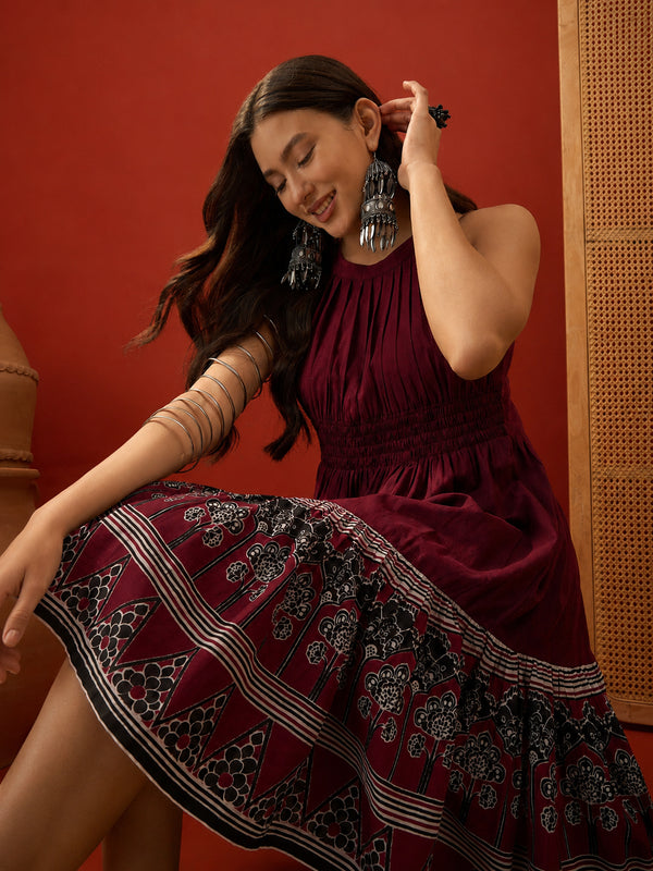 Stylum Women's Wine Solid Cotton A-Line Dress (DRSWINEDORA)