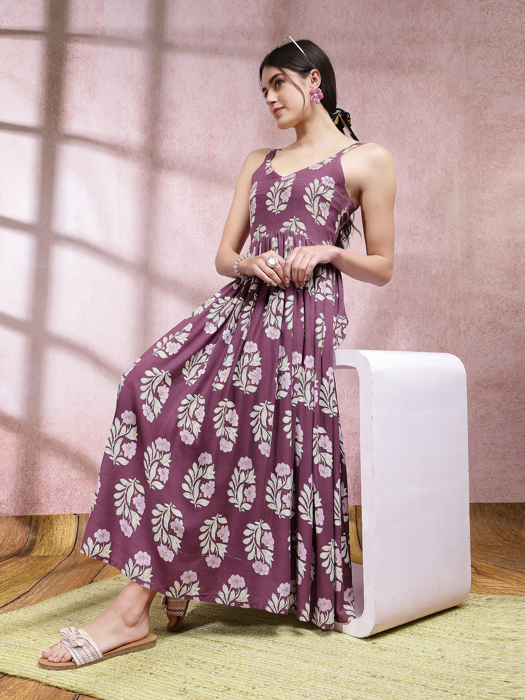 Stylum Women's Floral Printed Rayon Long Flared Dress (DRSWINEISHA)
