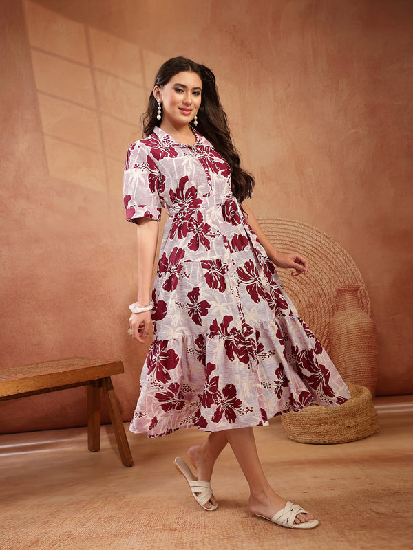 Stylum Women's Wine Floral Printed Cotton Flared Dress (DRSWINESHELLY)